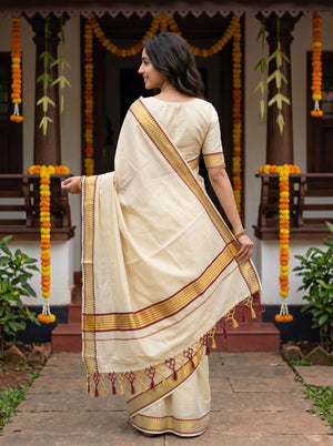 Tissue Off-White Gold Temple With Maroon Border Tassels Onam Special Kerala Saree