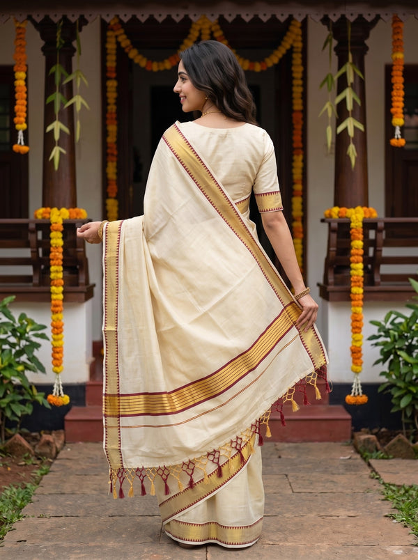 Tissue Off-White Gold Temple With Maroon Border Tassels Onam Special Kerala Saree