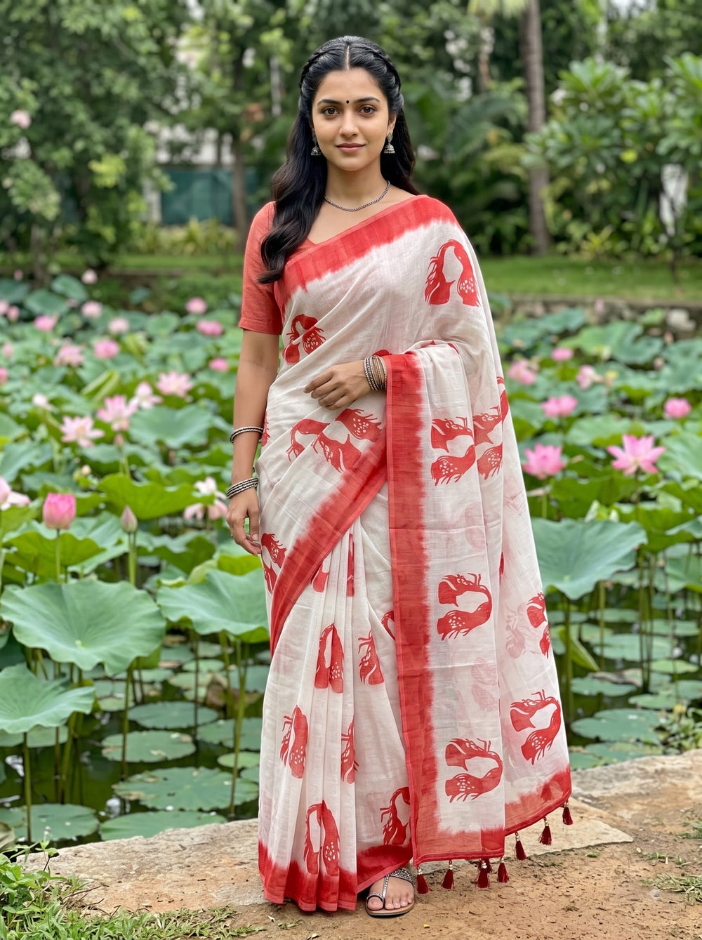 Cotton White Face Print Red Dip-Dye Border Tassel Saree