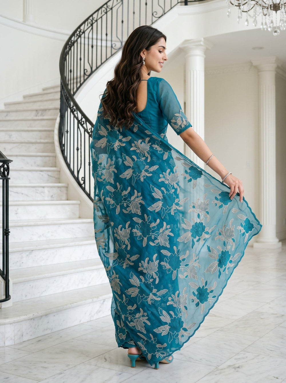 Organza Peacock Blue Allover Golden Thread Floral Bouquet Embroidered Scalloped Edge Saree