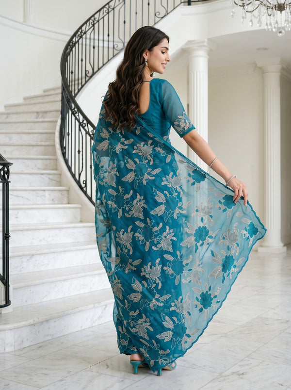 Organza Peacock Blue Allover Golden Thread Floral Bouquet Embroidered Scalloped Edge Saree
