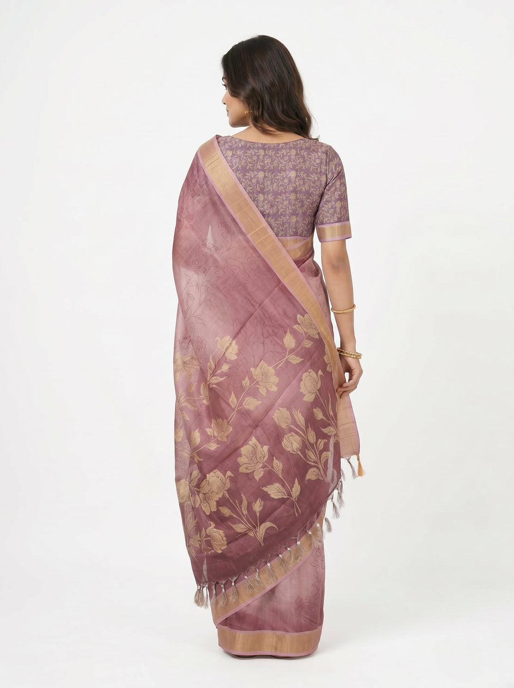 Chanderi Silk Blend Dusty Pink Floral Printed Saree