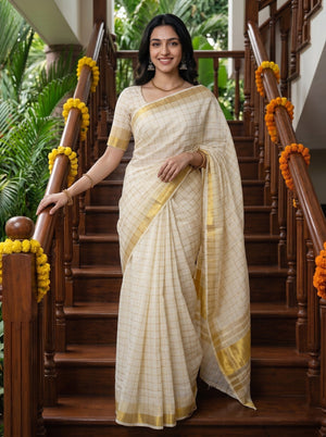 Tissue Cream Gold Checkered Onam Special Kerala Saree