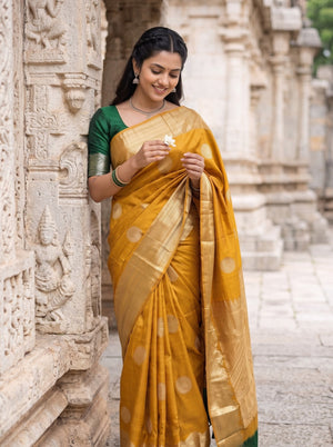 Kanjivaram Pure Silk Mustard Saree with Golden Zari Butta and Temple Border Pallu