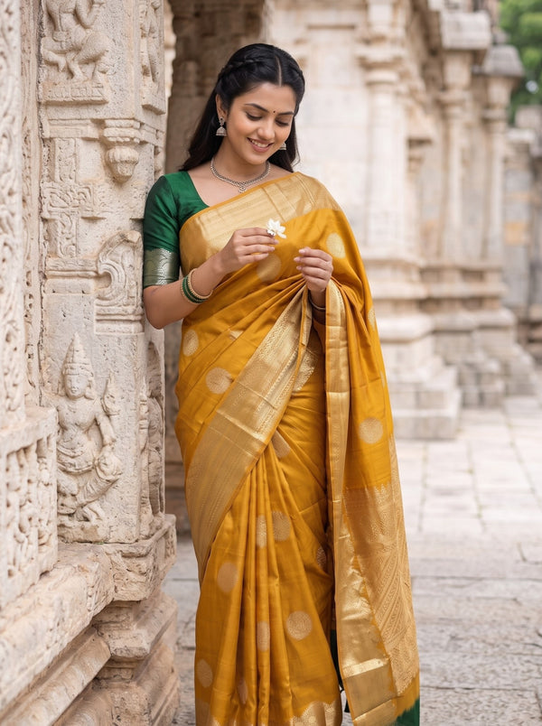 Kanjivaram Pure Silk Mustard Saree with Golden Zari Butta and Temple Border Pallu