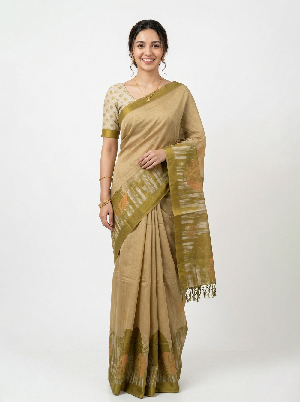 Semi Tussar Beige Olive Leaf Print Saree with Striped Woven Pallu