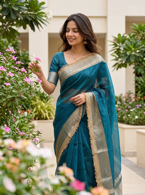 Tissue Banarasi Teal Plain Saree with Gold Zari Border