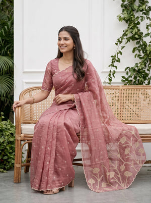 Organza Dusty Rose Pink Golden Floral Stem Applique Pallu Scalloped Edge  Saree