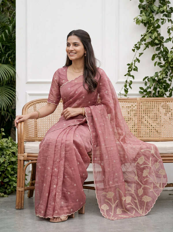 Organza Dusty Rose Pink Golden Floral Stem Applique Pallu Scalloped Edge  Saree