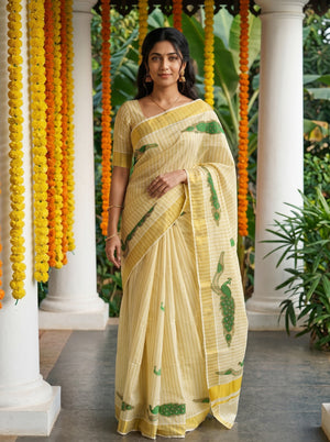 Tissue Golden Peacock Print with Golden Border Onam Special Kerala Traditional Saree