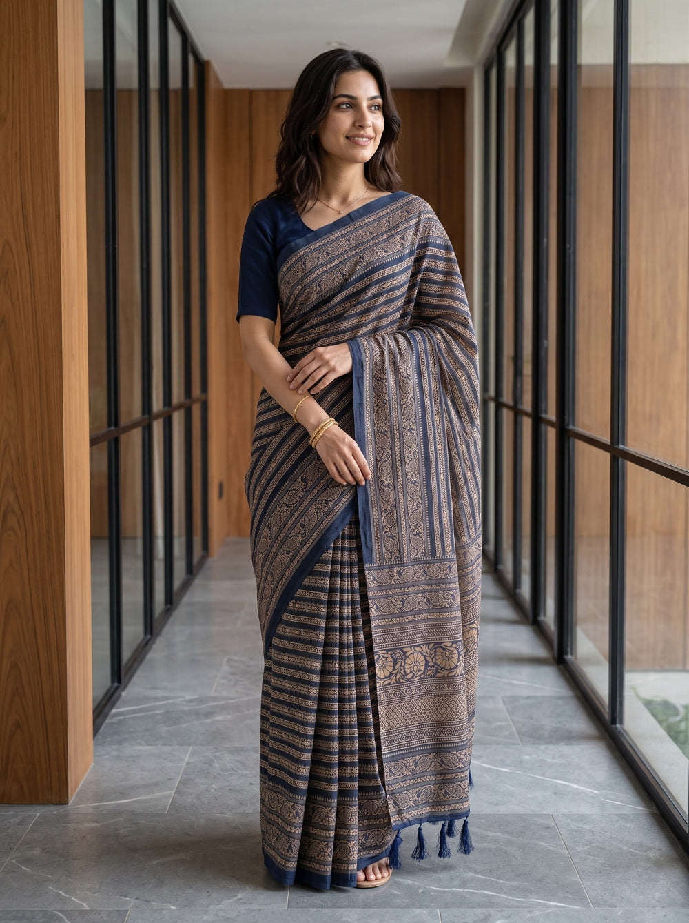 Cotton Navy Blue Saree with Traditional Paisley Motif Print