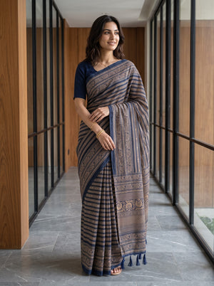 Cotton Navy Blue Saree with Traditional Paisley Motif Print
