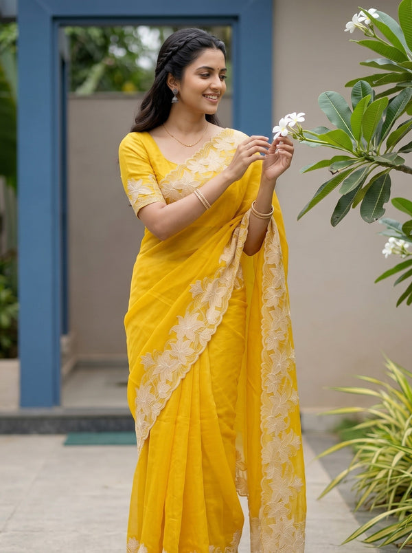 Organza Mustard Yellow Saree with Floral Applique Cutwork Border Pallu