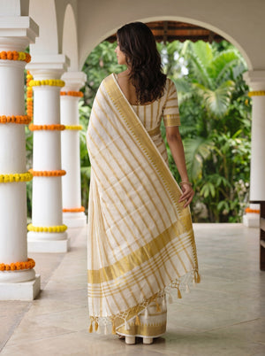 Cotton Cream Golden Striped Temple Border Tassel  Onam Special Kerala Saree