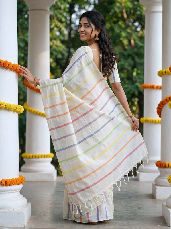 Cotton Off-White Multicolor Striped Onam Special Kerala Saree