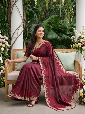 Semi Tussar Maroon Red Floral Applique Embroidered Net Cutwork Pallu Saree with Scalloped Border