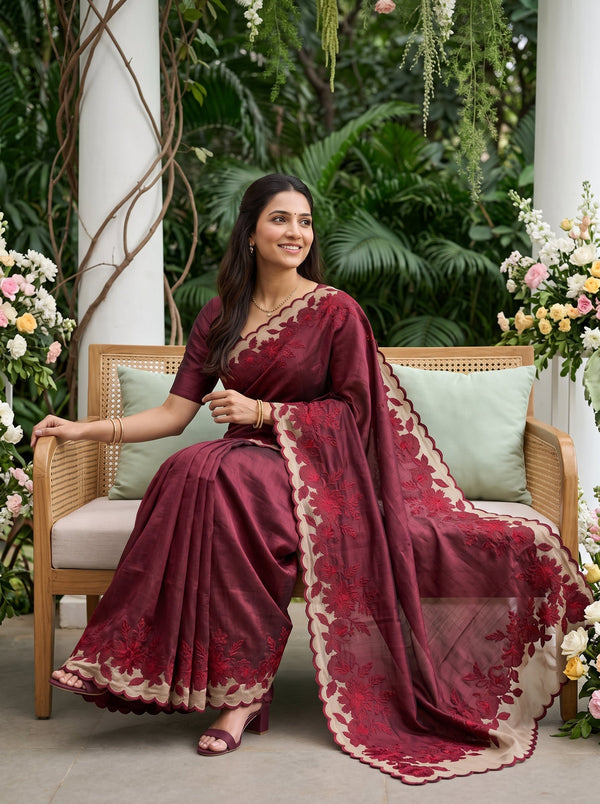 Semi Tussar Maroon Red Floral Applique Embroidered Net Cutwork Pallu Saree with Scalloped Border