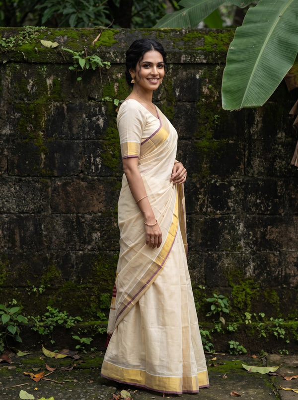 Tissue Cream Gold Maroon Striped Border Onam Special Kerala Saree