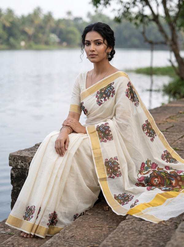 Cotton Off-White Mural Print With Golden Border Onam Special Kerala Saree
