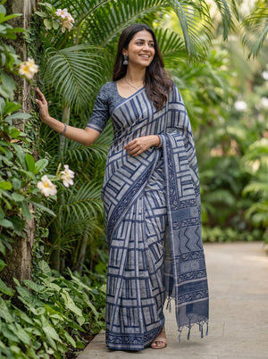 Cotton Linen Indigo Blue Tribal Geometric Print Saree with Tassels