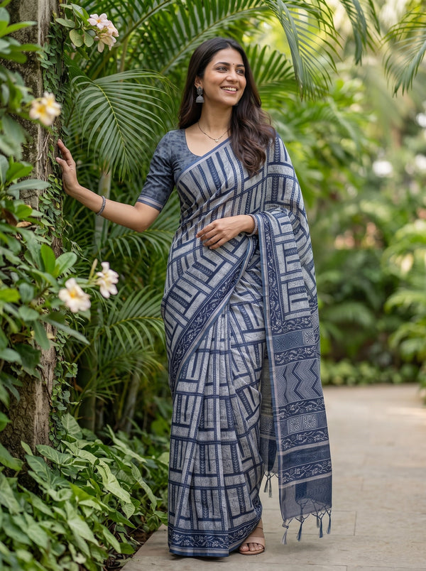 Cotton Linen Indigo Blue Tribal Geometric Print Saree with Tassels