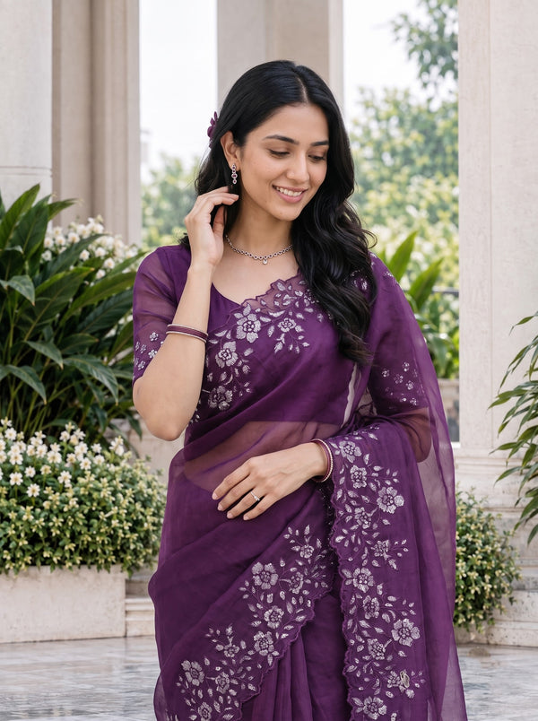 Organza Purple Saree with Sequin Floral Border