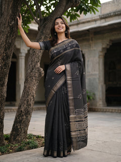 Cotton Silk Black Checkered Booti Saree with Zari Ikat Border