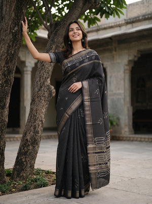 Cotton Silk Black Checkered Booti Saree with Zari Ikat Border