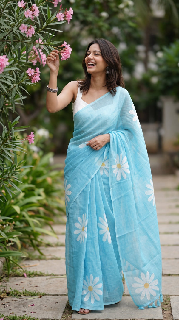 Cotton Sky Blue Large Daisy Print Saree with Tassel Pallu