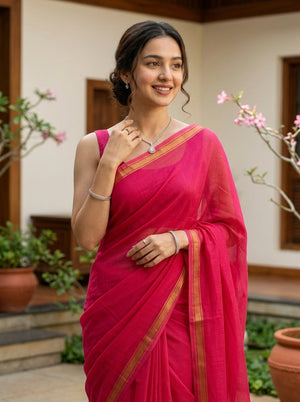 Mul Mul Cotton Rani Pink Plain Saree with Golden Zari Border