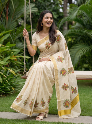 Tissue Cream Radha Krishna Peacock Print Kerala Saree with Golden Border