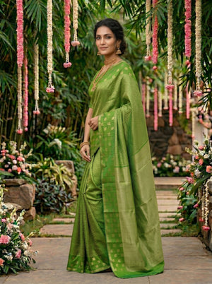 Kanjivaram Parrot Green Saree with All-Over Chevron Weave & Gold Floral Border