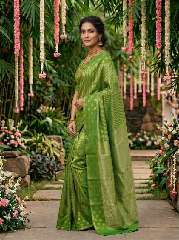 Kanjivaram Parrot Green Saree with All-Over Chevron Weave & Gold Floral Border