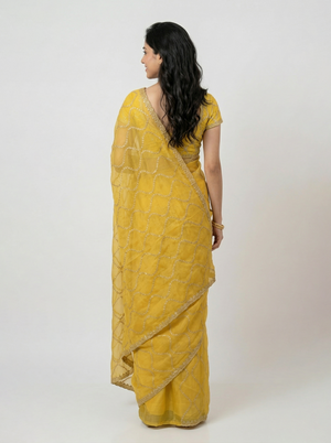 Organza Yellow Zari Embroidered Geometric Jaal Saree with Scalloped Border