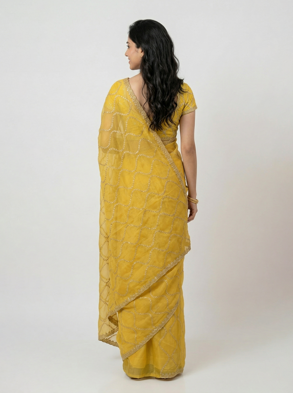 Organza Yellow Zari Embroidered Geometric Jaal Saree with Scalloped Border