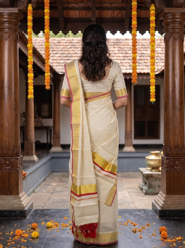 A woman viewed from behind wearing a cream-colored traditional saree with gold and red border details, standing in a courtyard with wooden pillars and hanging orange marigold garlands.