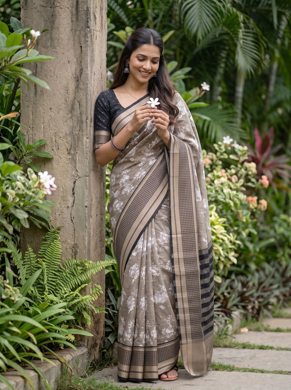 Chanderi Taupe Grey White Floral Print Saree