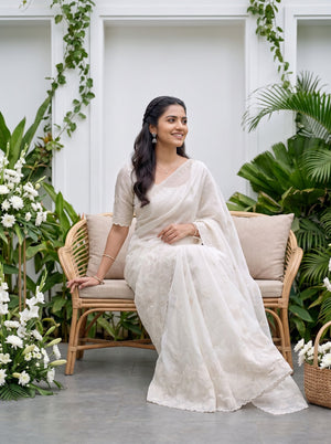 Organza Ivory Saree with Tonal Floral Vine and Sequin Work