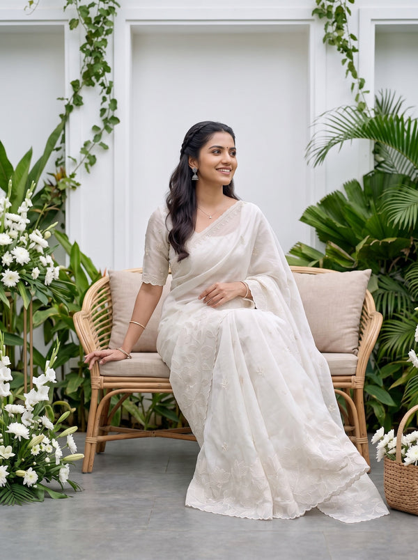 Organza Ivory Saree with Tonal Floral Vine and Sequin Work