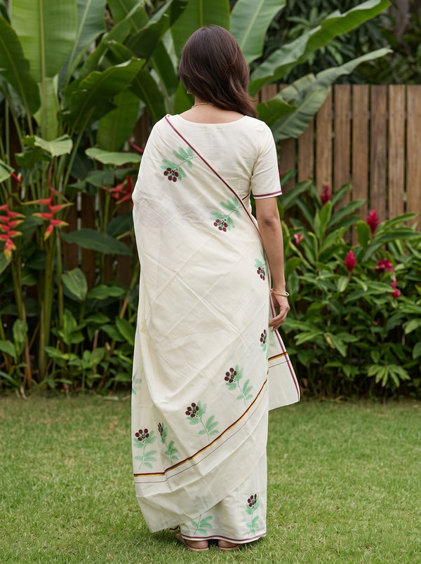 Cotton Cream Floral Printed with Green Leaf & Maroon Flower Motifs Onam Special Kerala Saree