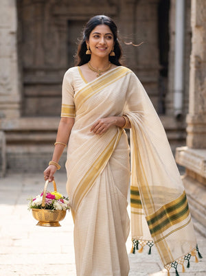 Cotton Cream Kerala Saree with Checkered Design, Golden Zari and Green Striped Border