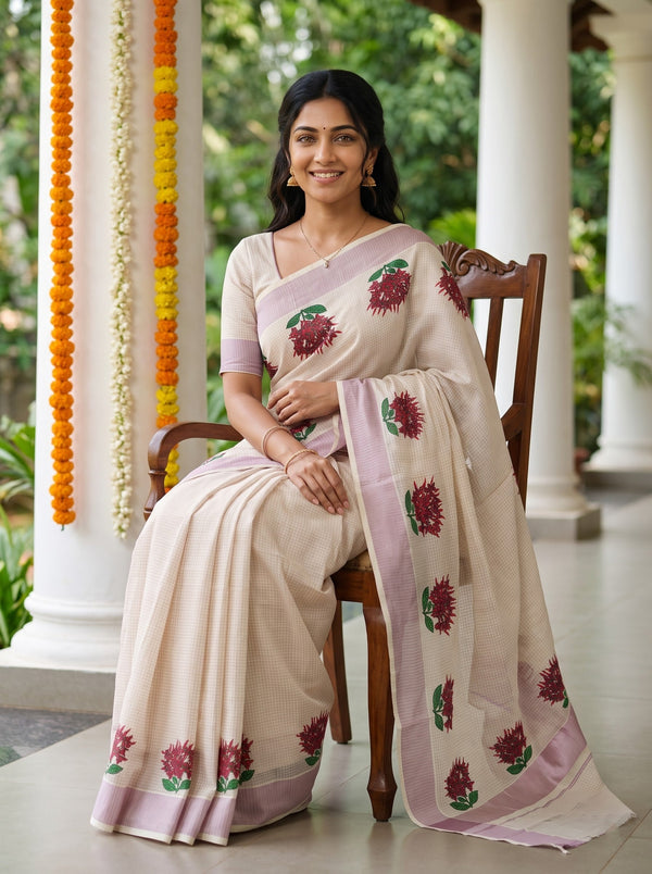 Cotton Cream Checkered Red Ixora Floral Print Onam Special Kerala Saree with Lilac Border