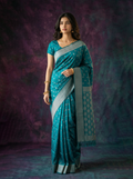 Semi Silk Teal Blue Zari Butta Saree with Geometric Pallu