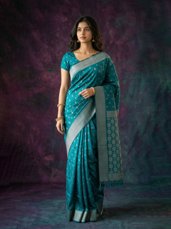 Semi Silk Teal Blue Zari Butta Saree with Geometric Pallu
