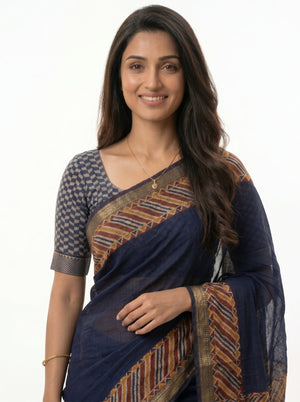 Chanderi Navy Blue Printed Border Saree