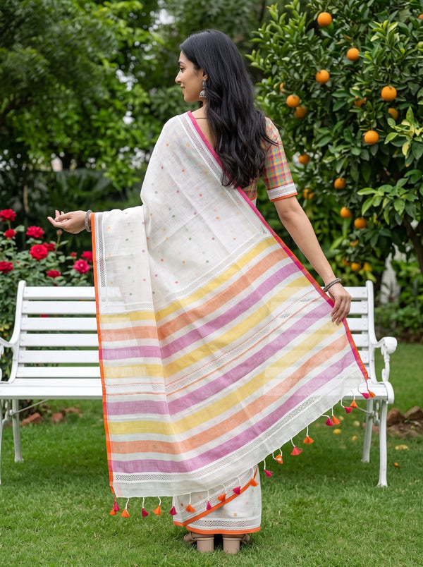 Linen Cream Saree with Multicolor Striped Pallu & Tassels