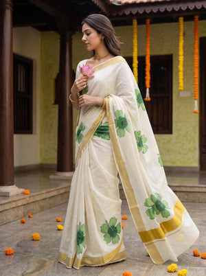 Cotton Cream Green Hibiscus Print Onam Special Kerala Saree