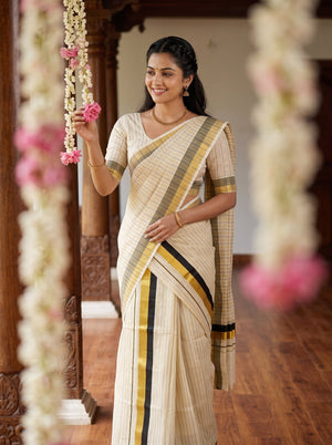 Tissue Cream Pinstripe  with Black Gold Grey Border Onam Special Set Mundu
