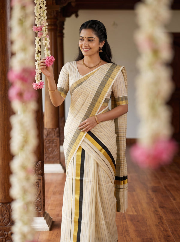 Tissue Cream Pinstripe  with Black Gold Grey Border Onam Special Set Mundu