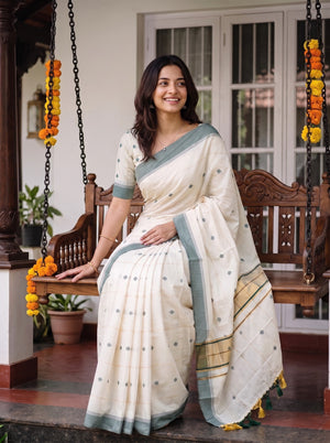 Cotton Cream Green Diamond Booti Onam Kerala Saree